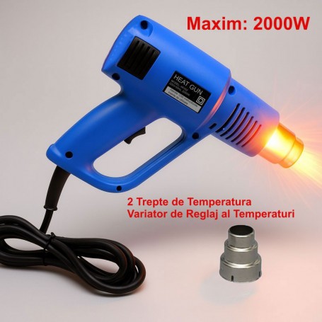 Pistol de aer cald 2000W, temperatura reglabila 50-600°C, 2 trepte de viteza, cu duza concentratoare inclusa