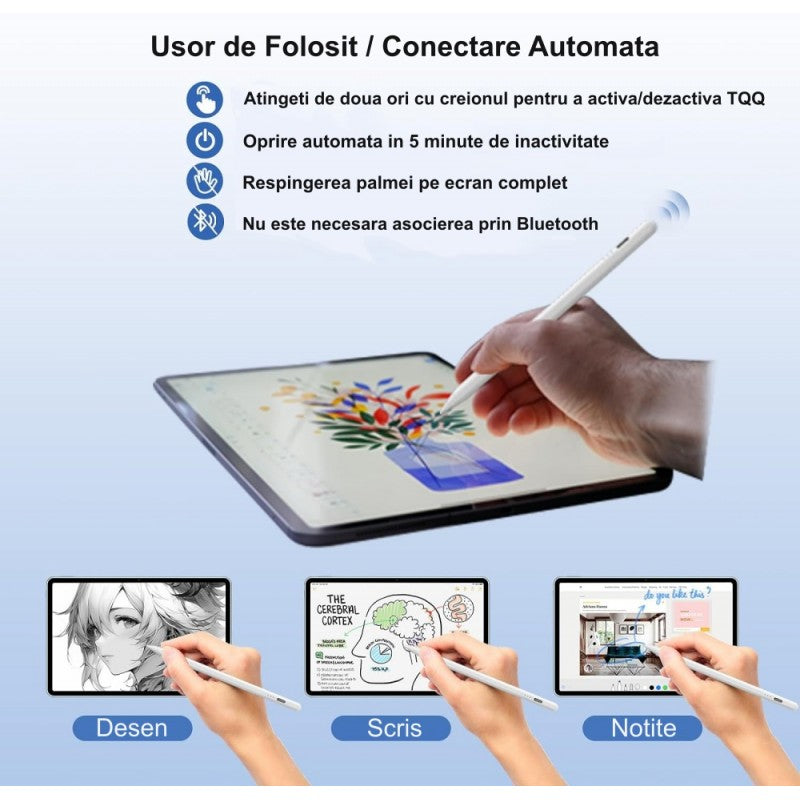 Creion digital activ folosit pentru desen, scris si notite pe tableta, cu respingere palma si activare dubla atingere