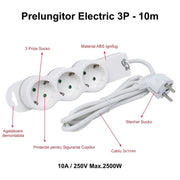 Power Strip with 3 Outlets and Child Protection, 3x1mm Cable / 10m
