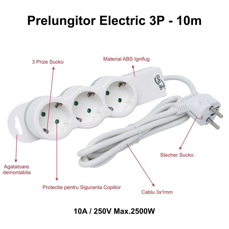 Power Strip with 3 Outlets and Child Protection, 3x1mm Cable / 10m