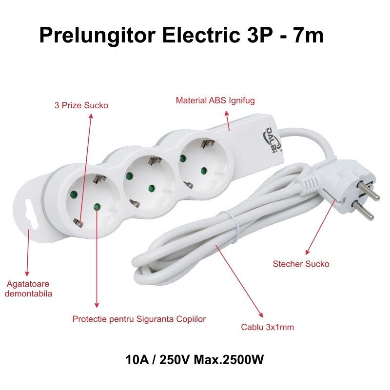 Extension Cord 3 Sockets with Child Protection, 3x1mm / 7m Cable
