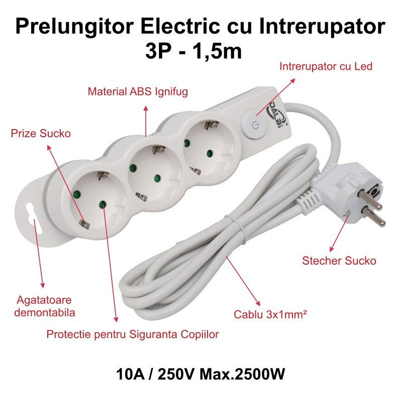 Power Strip with Switch, 3 Outlets and Child Protection, Cable 3x1mm / 1.5m