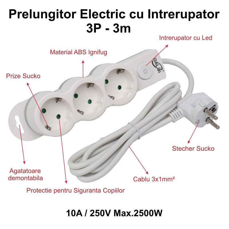 Power Strip with Switch, 3 Outlets and Child Protection, 3x1mm / 3m Cable