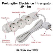 Power Strip with Switch, 3 Sockets and Child Protection, 3x1mm / 5m Cable