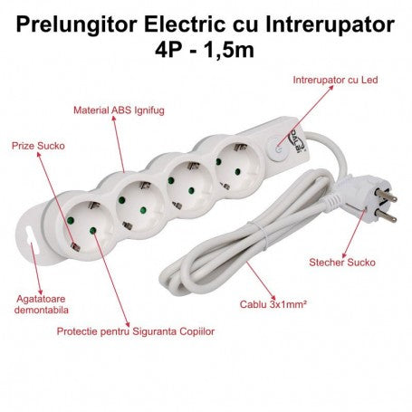 Power Strip with Switch, 4 Outlets and Child Protection, Cable 3x1mm / 1.5m