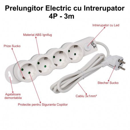 Power Strip with Switch, 4 Outlets and Child Protection, 3x1mm / 3m Cable