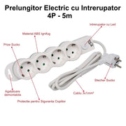 Power Strip with Switch, 4 Sockets and Child Protection, 3x1mm / 5m Cable