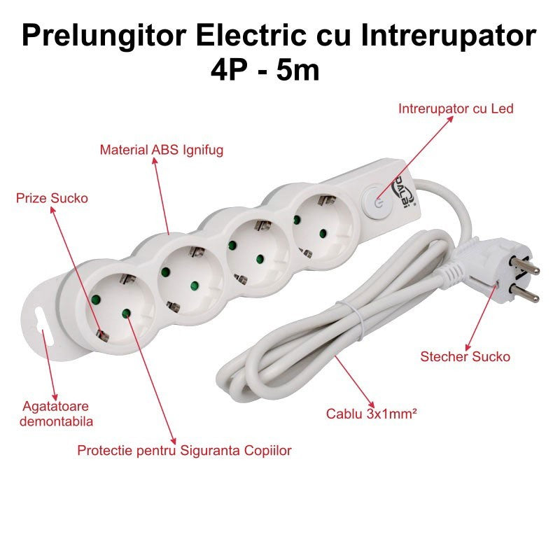 Power Strip with Switch, 4 Sockets and Child Protection, 3x1mm / 5m Cable