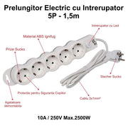 Power Strip with Switch, 5 Outlets and Child Protection, 3x1mm Cable / 1.5m