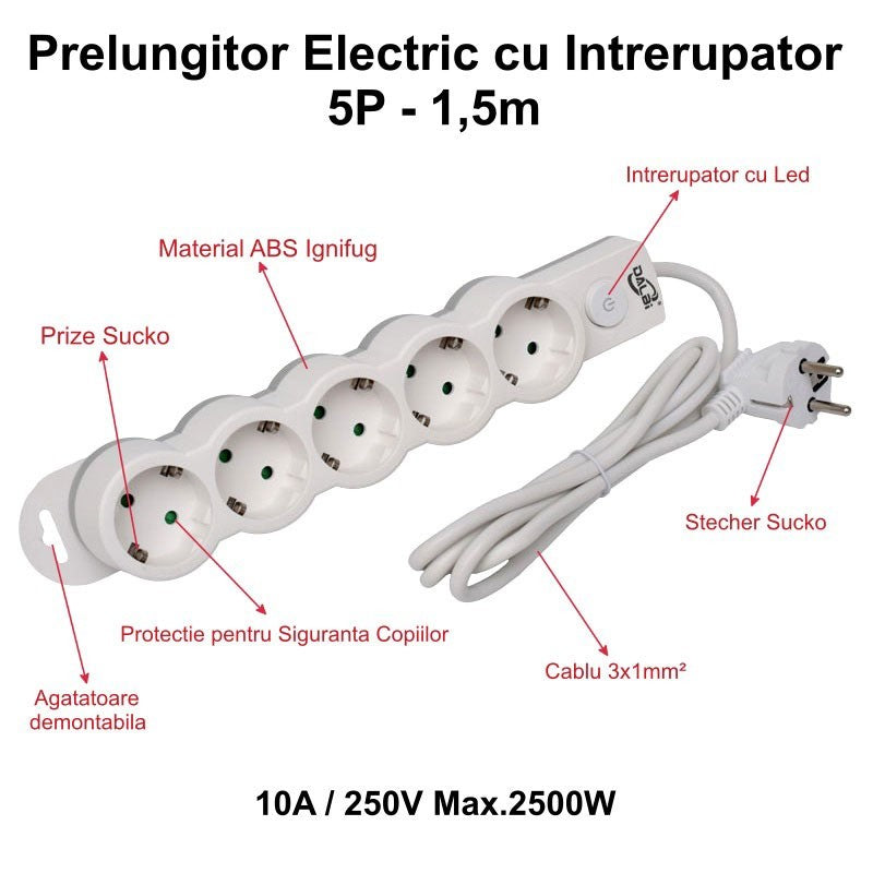Power Strip with Switch, 5 Outlets and Child Protection, 3x1mm Cable / 1.5m