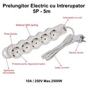 Power Strip with Switch, 5 Outlets and Child Protection, 3x1mm / 5m Cable