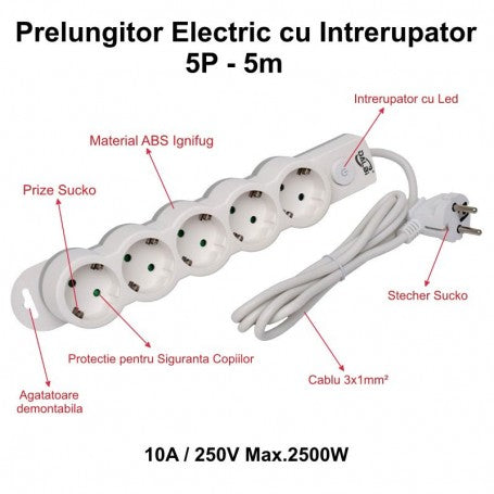 Power Strip with Switch, 5 Outlets and Child Protection, 3x1mm / 5m Cable