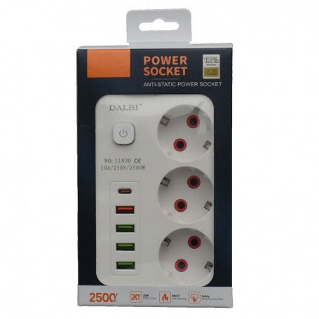 Multifunctional Extension Cord 3 Outlets - 2m with 4 x USB 2.1A - PD and Switch