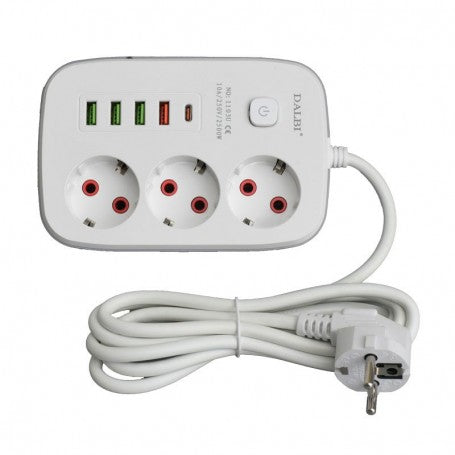 Multifunctional Extension Cord 3 Outlets - 2m with 4 x USB 2.1A - PD and Switch