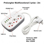 Multifunctional Extension Cord 3 Outlets - 2m with 4 x USB 2.1A - PD and Switch