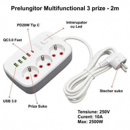 Multifunctional Extension Cord 3 Outlets - 2m with 4 x USB 2.1A - PD and Switch