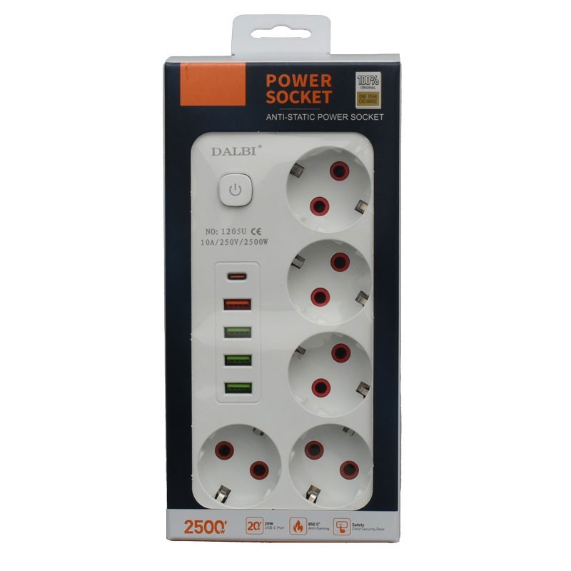 Multifunctional Extension Cord 5 sockets - 2m with 4 x USB 2.1A - PD and Switch