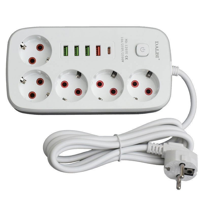 Multifunctional Extension Cord 5 sockets - 2m with 4 x USB 2.1A - PD and Switch