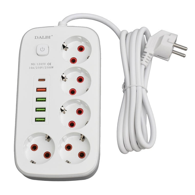 Multifunctional Extension Cord 5 sockets - 2m with 4 x USB 2.1A - PD and Switch