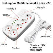 Multifunctional Extension Cord 5 sockets - 2m with 4 x USB 2.1A - PD and Switch