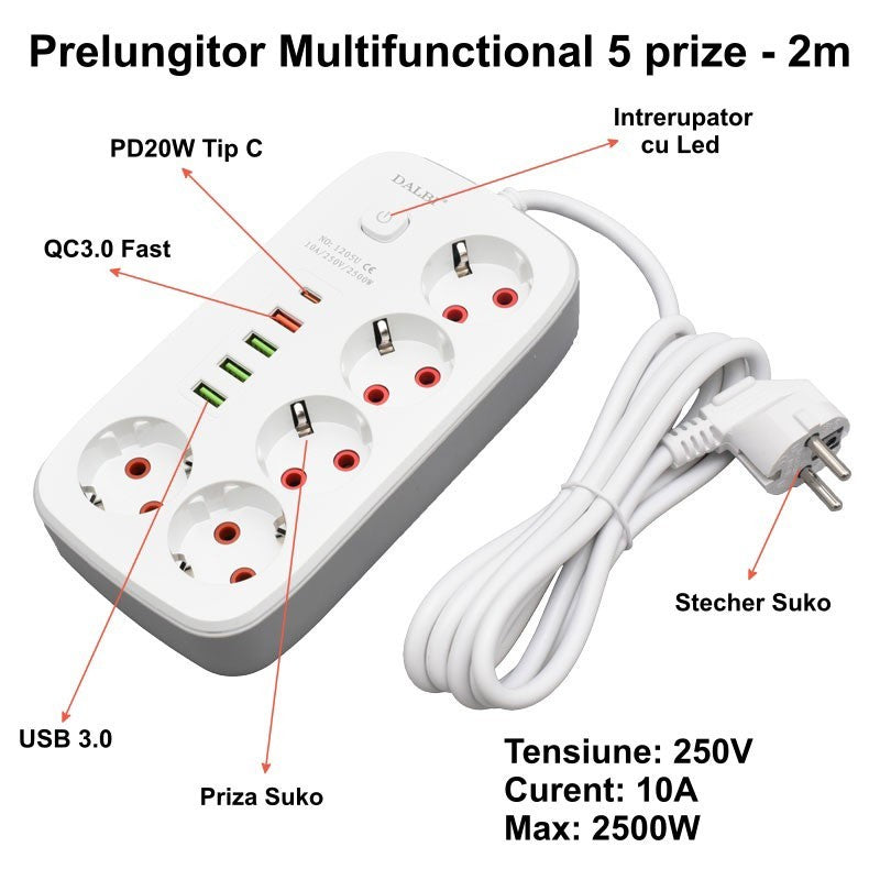 Multifunctional Extension Cord 5 sockets - 2m with 4 x USB 2.1A - PD and Switch