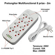 Multifunctional Power Strip 8 sockets - 2m with 3 x USB 2.1A - 2 x PD and Switch