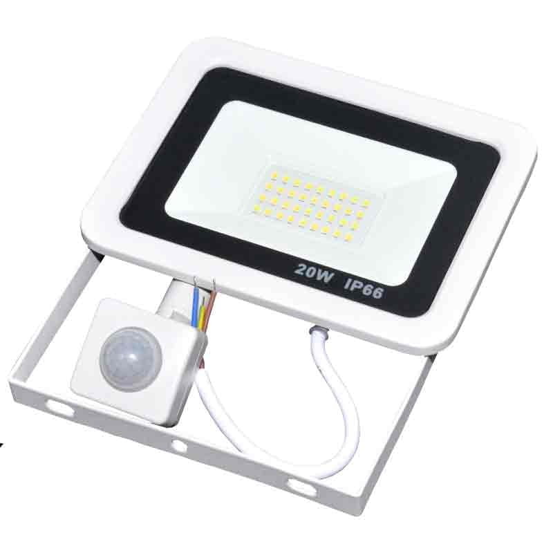 Proiector slim LED 20W cu senzor PIR, IP66, 1800 lumeni, alb, pentru exterior