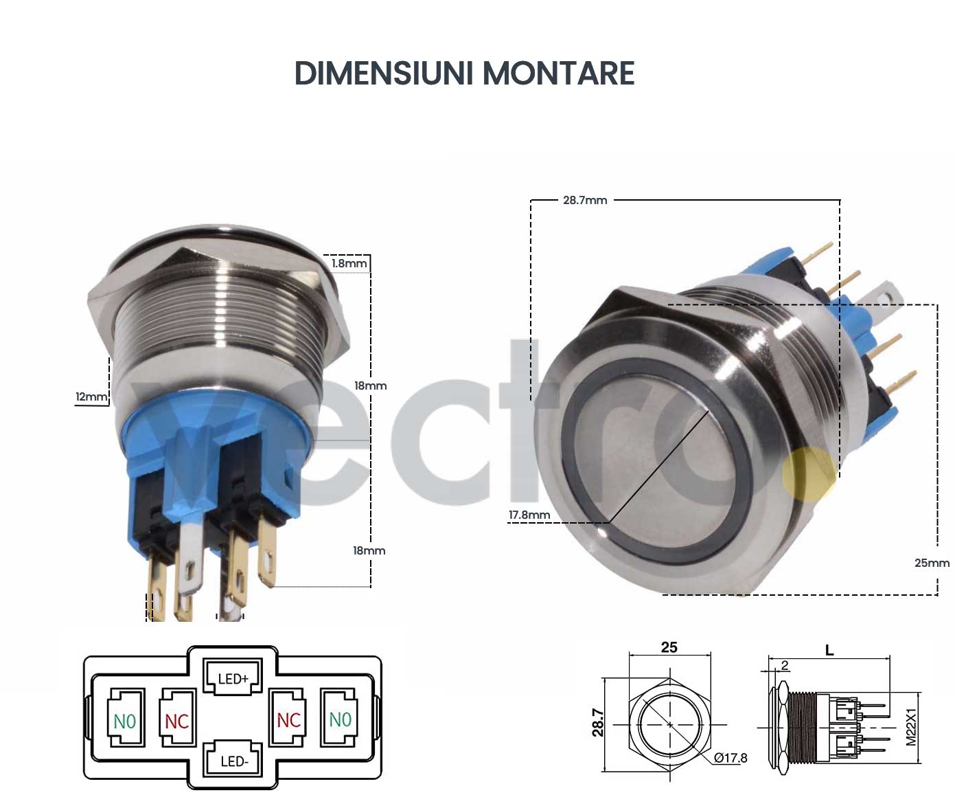 Metal Push Button, 220V, 22mm, Latching, Green LED, Plug included, ElectroAZ