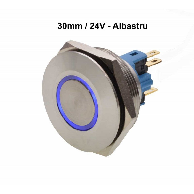 30mm Push Button with Return 24V Blue LED