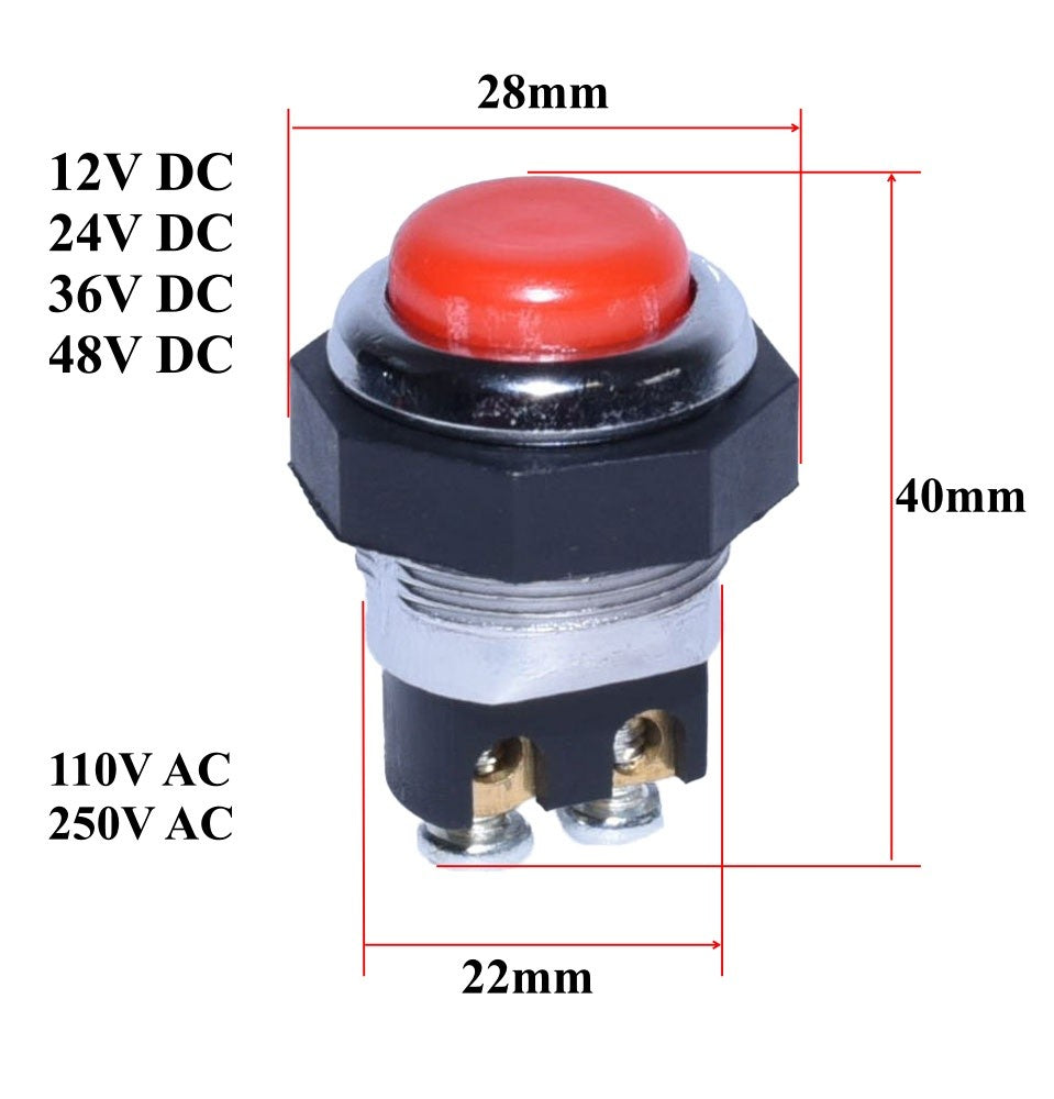 Metal Push Button Switch, 12VDC, 250VAC