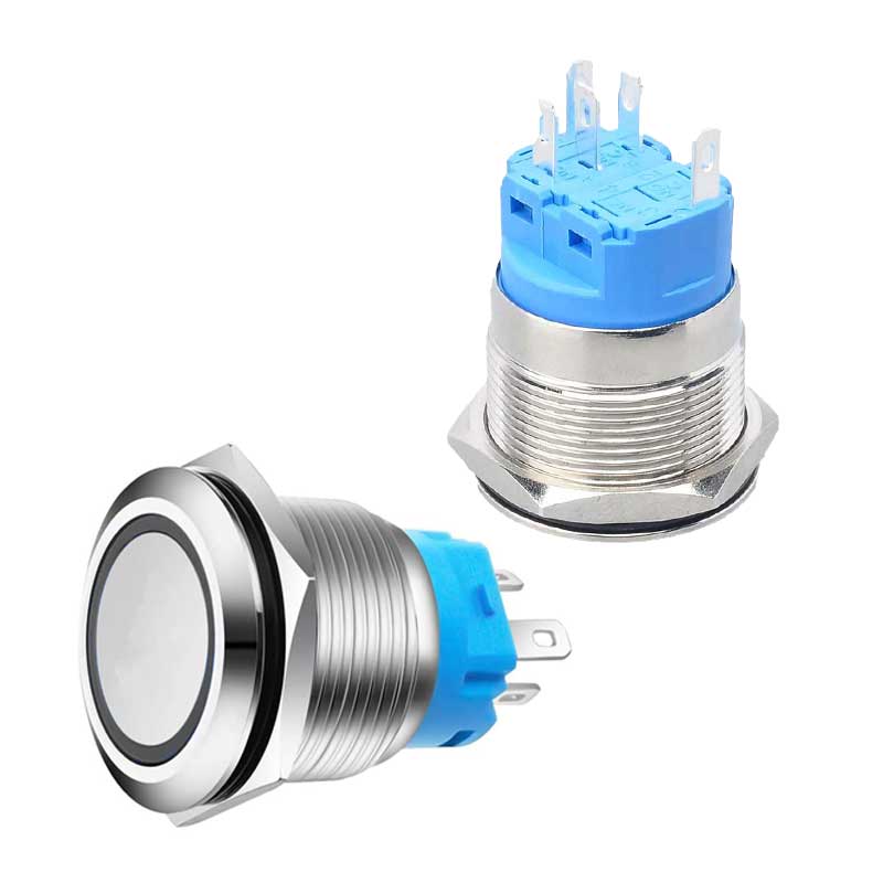 16mm Push Button with Return, 12-24V, Blue LED, Plug included, ElectroAZ