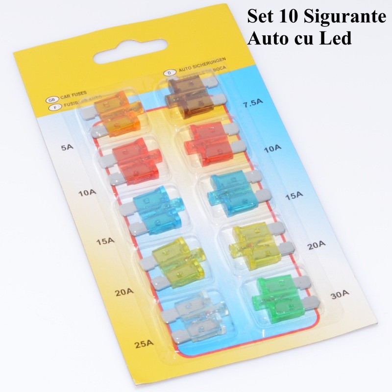Set of 10 Car Fuses with LED Indicator Blown Fuse
