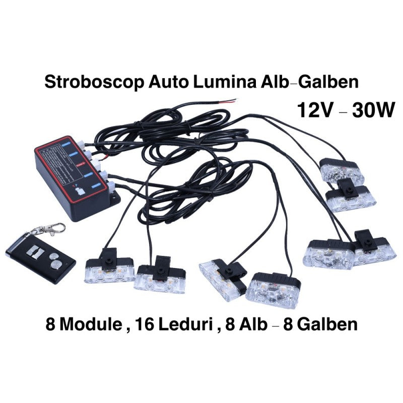 Car Strobe Lights, Emergency/Intervention, Remote Control, 30W, White-Yellow