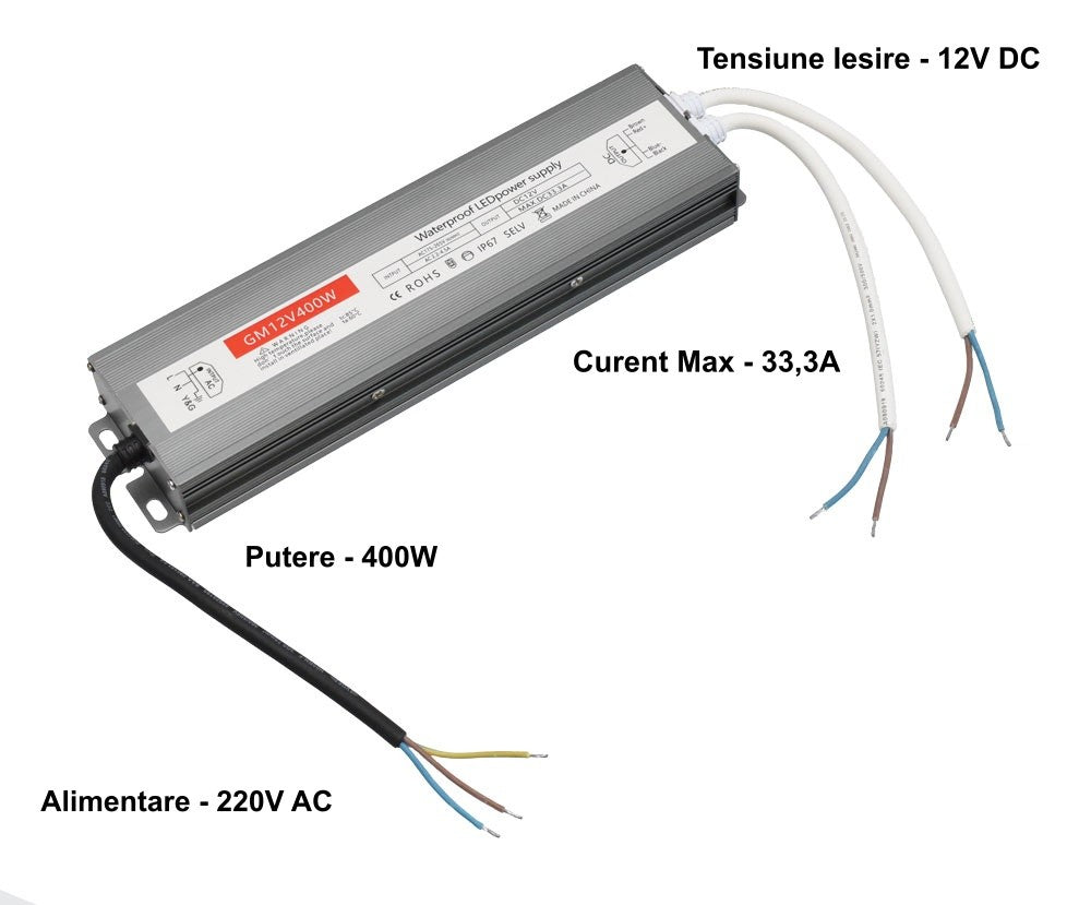 Slim Power Supply, 12V-400W, Metal Casing, IP67, 33.3A