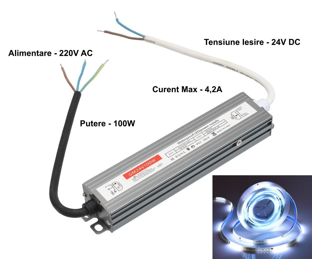 Slim Power Supply, 24V-100W, Metal Casing, IP67, 4.2A