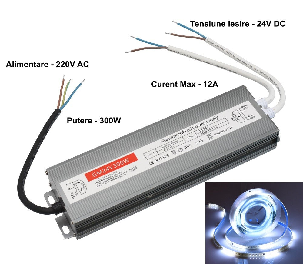 Slim Power Supply, 24V-300W, Metal Casing, IP67, 12A