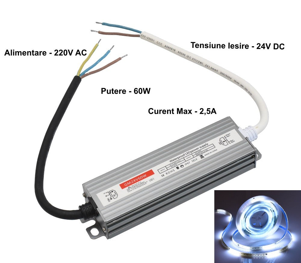 Slim Power Supply, 24V-60W, Metal Casing, IP67, 2.5A