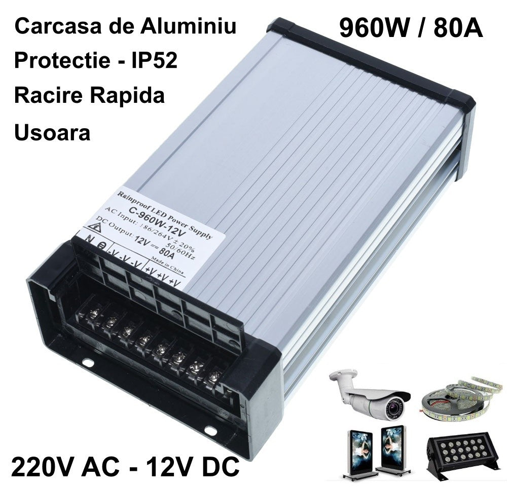 Power Supply, Outdoor, 12V, 960W, 80A, IP52
