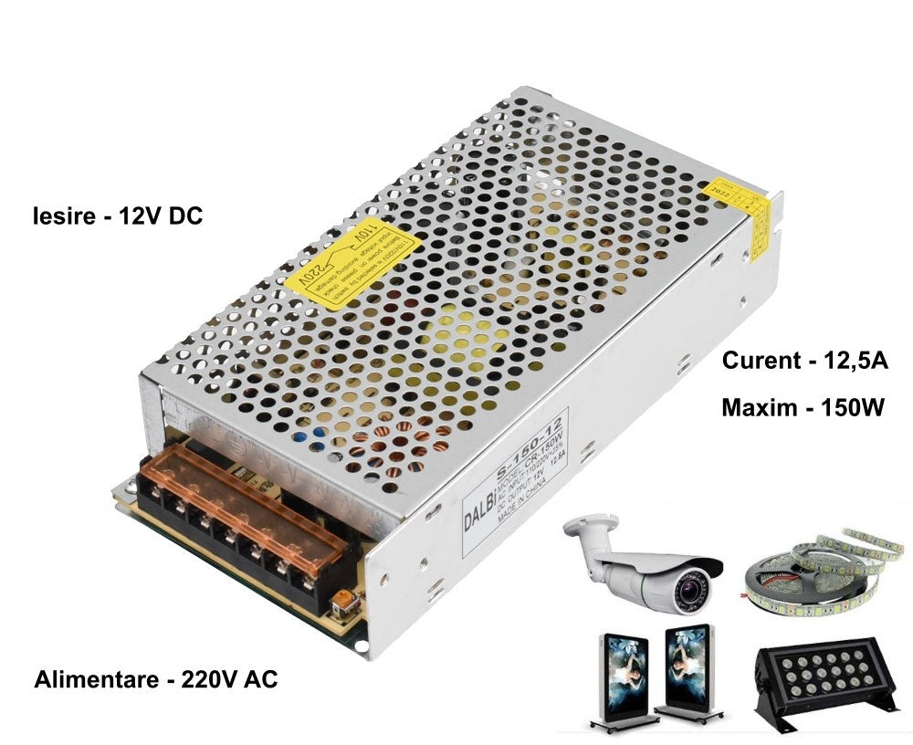 Slim Power Supply, Metal Casing, Indoor, 12V, 150W, 12.5A