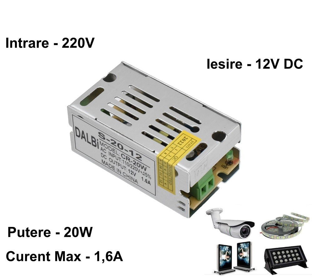 Slim Power Supply, Metal Case, Indoor, 12V, 20W, 1.6A