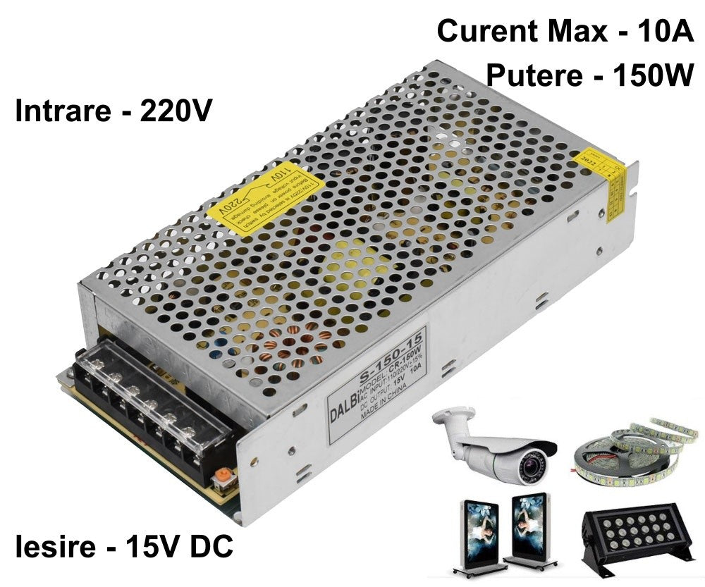 Slim Power Supply, Metal Casing, Indoor, 15V, 150W, 10A