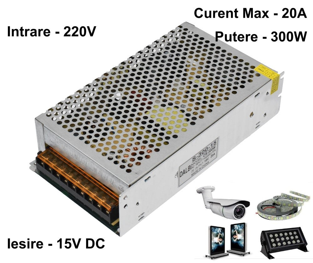 Slim Power Supply, Metal Casing, Indoor, 15V, 300W, 20A