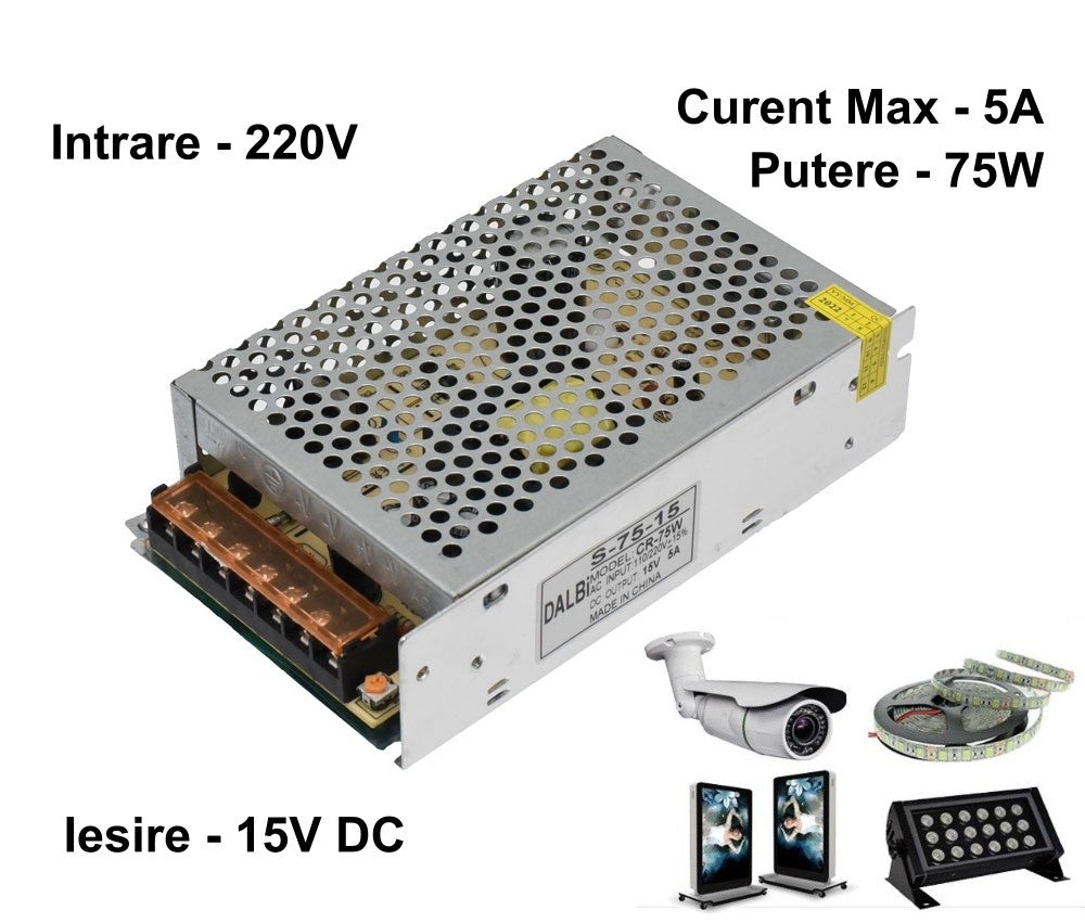 Power Supply Slim, Metal Casing, Indoor, 15V, 75W, 5A