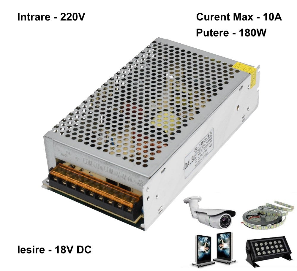 Slim Power Supply, Metal Casing, Indoor, 18V, 180W, 10A