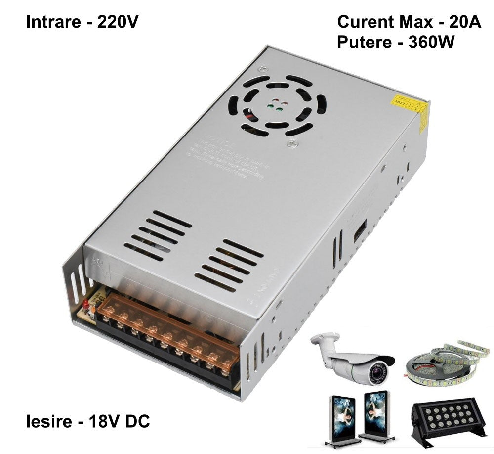 Slim Power Supply, Metal Casing, Indoor, 18V, 360W, 20A