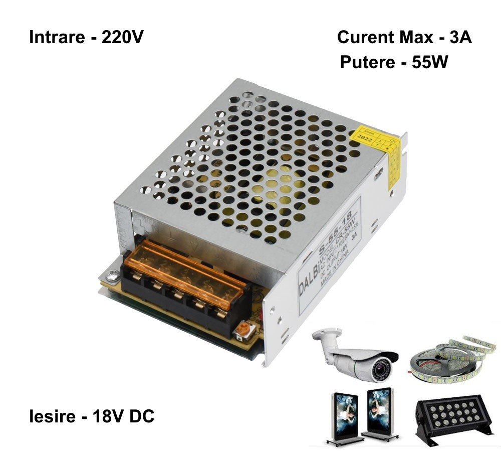 Slim Power Supply, Metal Casing, Indoor, 18V, 55W, 3A