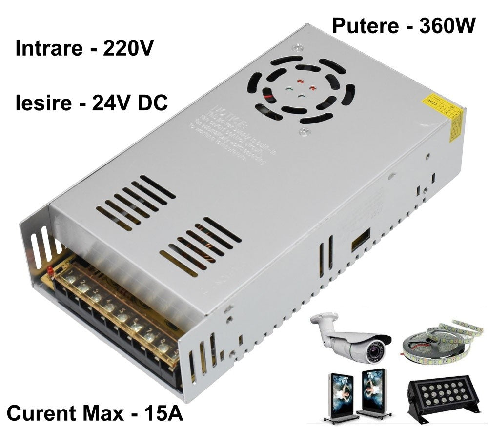 Slim Power Supply, Metal Casing, Indoor, 24V, 360W, 15A