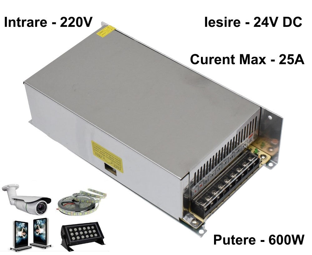 Slim Power Supply, Metal Casing, Indoor, 24V, 600W, 25A