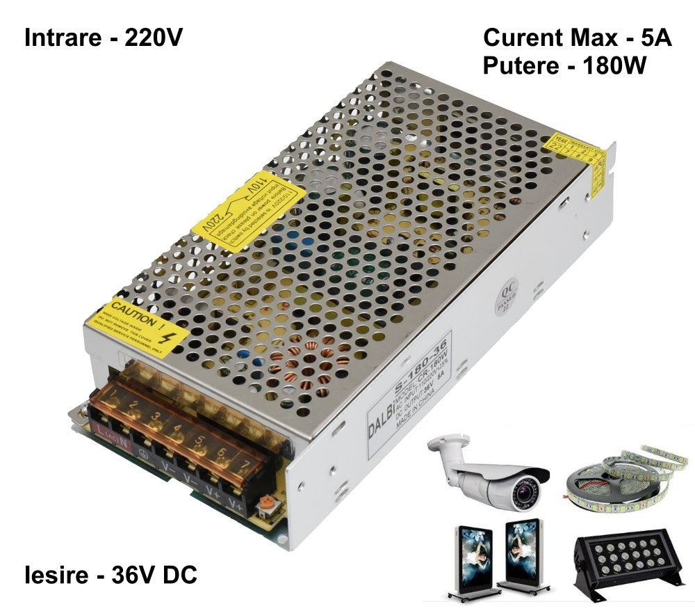 Slim Power Supply, Metal Casing, Indoor, 36V, 180W, 5A