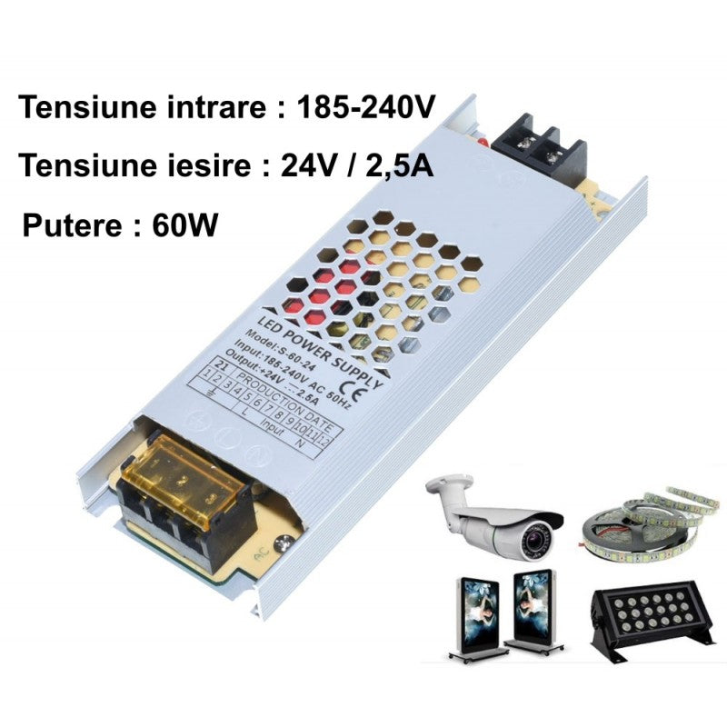 Power Supply, Slim, Indoor, 24V, 2.5A, 60W